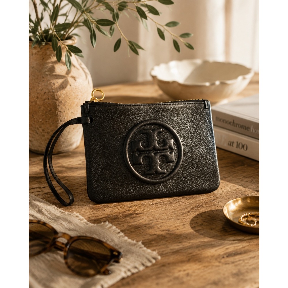 Tory Burch Black Perry Bombe Wristlet Pebbled Leather Pouch Gold Hardware Clutch